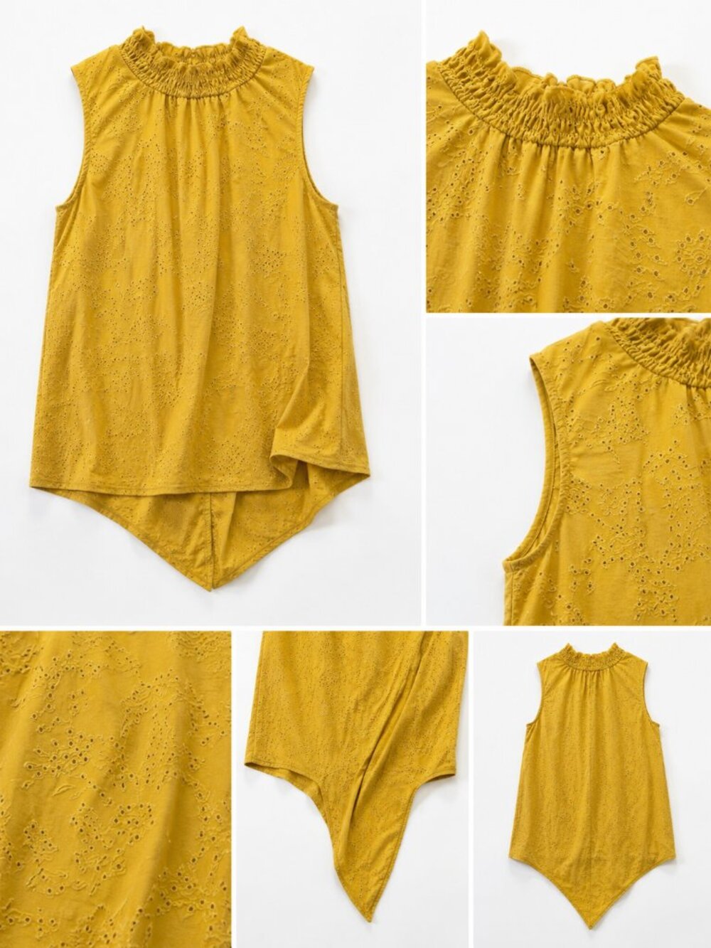 W5 Mustard Yellow Eyelet Embroidered Ruffle Neck Sleeveless Blouse M